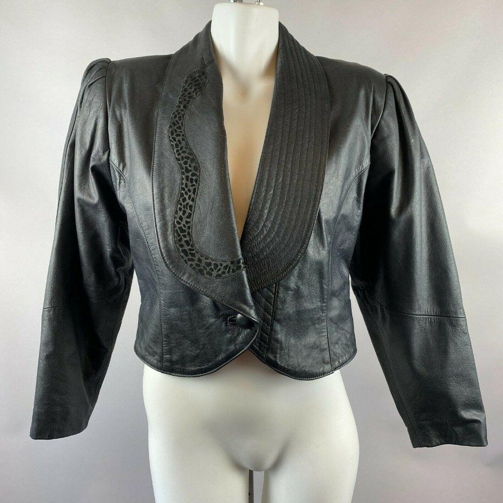 80s Black Cropped Leather Jacket Snake Applique 6